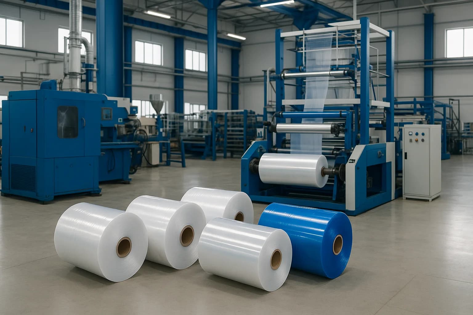 Ligne d'extrusion de film plastique en environnement industriel